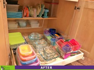 Tupperware organized on kitchen shelves in after photo