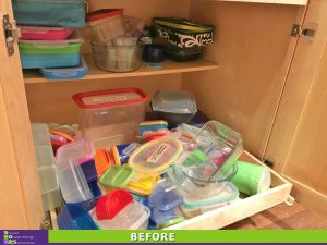 Tupperware all over kitchen shelf in before photo