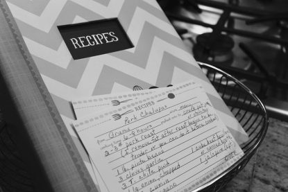 Recipe book with cards in a basket. The start of a recipe organization project.