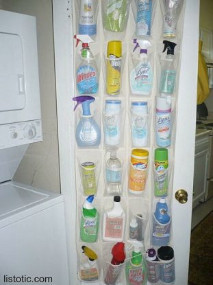 Over-the-door shoe organizer for cleaning supplies in the laundry room