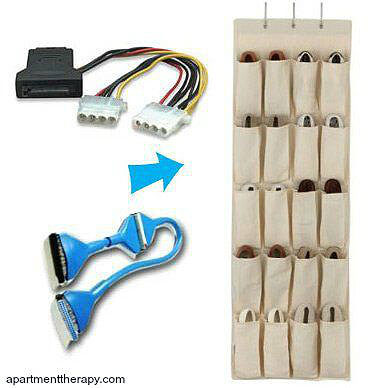 Electronic cord organization using a cloth over-the-door shoe organizer