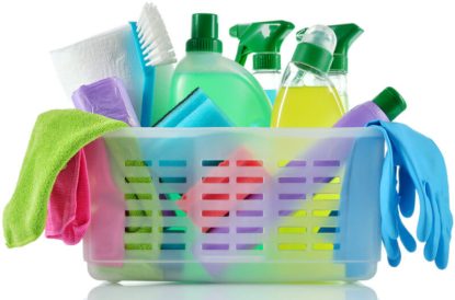 Organize your cleaning supplies like this cleaning caddy of supplies and cleaning gloves